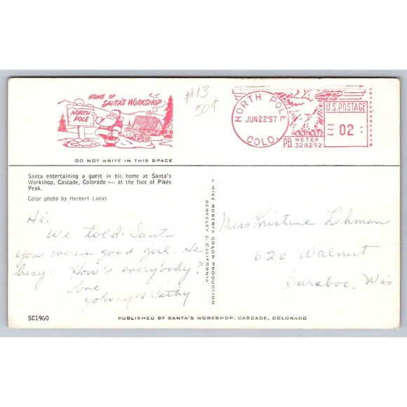 Postcard Colorado Cascade Santa's Workshop North Pole Girl Doll Sleigh 1957 Post - Picture 2 of 2